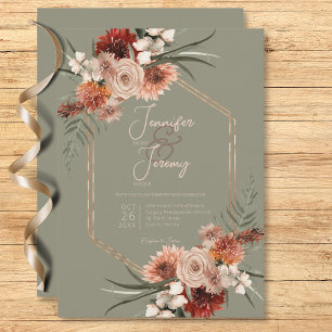 Boho Rust & Neutral Sage Green Fall Floral Invitation