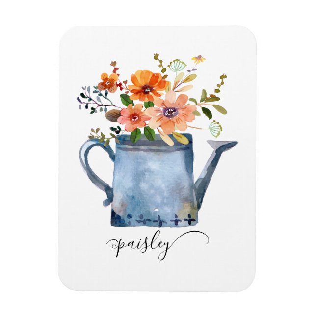 Boho Rust Orange Watercolor Flowers Watering Can Magnet (Vertical)