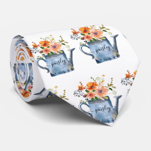 Boho Rust Orange Watercolor Flowers Watering Can Tie