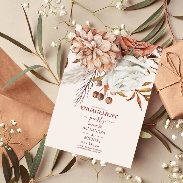 Boho Rust Terracotta Dried Fan Flowers Engagement Invitation (Creator Uploaded)