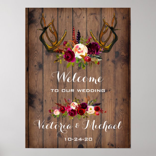 Boho Rustic Antler floral Wedding Sign (Front)