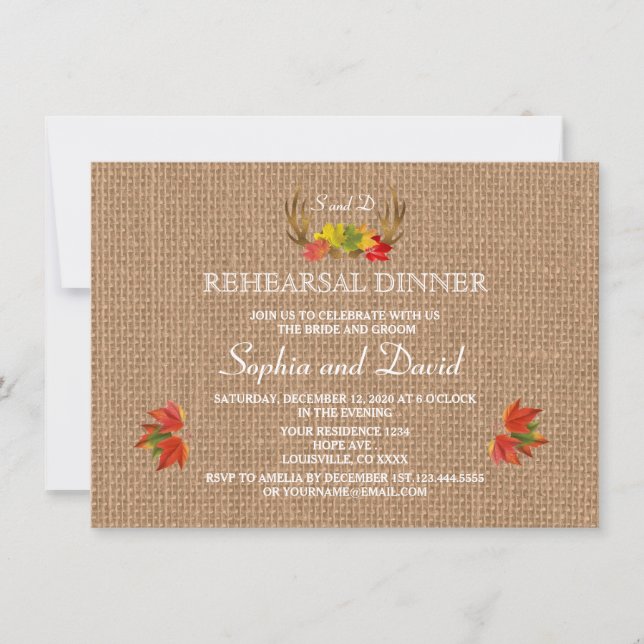 Boho Rustic Antlers Fall Wedding Rehearsal Dinner Invitation (Front)