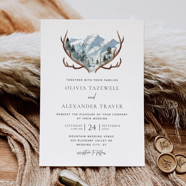 Boho Rustic Antlers Mountain Wedding Invitation (Creator Uploaded)