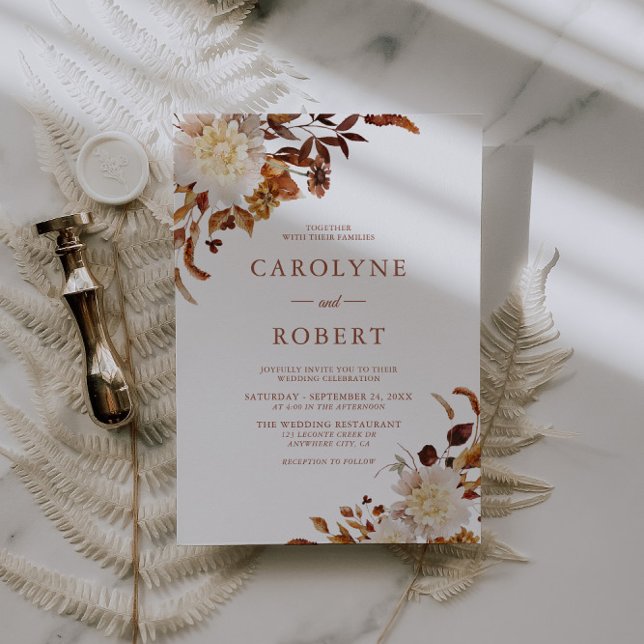 Boho Rustic Autumn Floral Terracotta Wedding Invitation (Creator Uploaded)