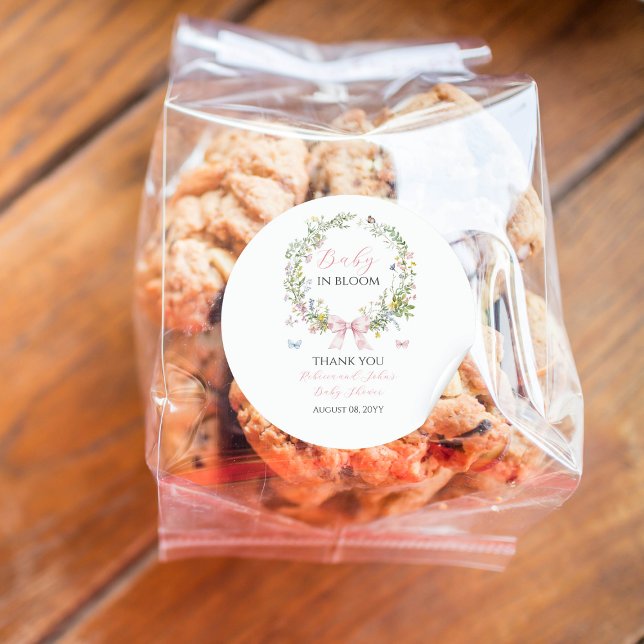 Boho Rustic Baby in Bloom Pink Bow Baby Shower Classic Round Sticker (Creator Uploaded)