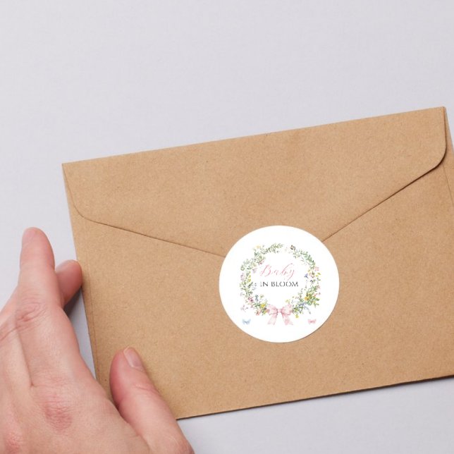 Boho Rustic Baby in Bloom Pink Bow Baby Shower Classic Round Sticker (Creator Uploaded)