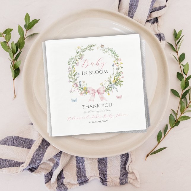 Boho Rustic Baby in Bloom Pink Bow Baby Shower Napkin (Creator Uploaded)