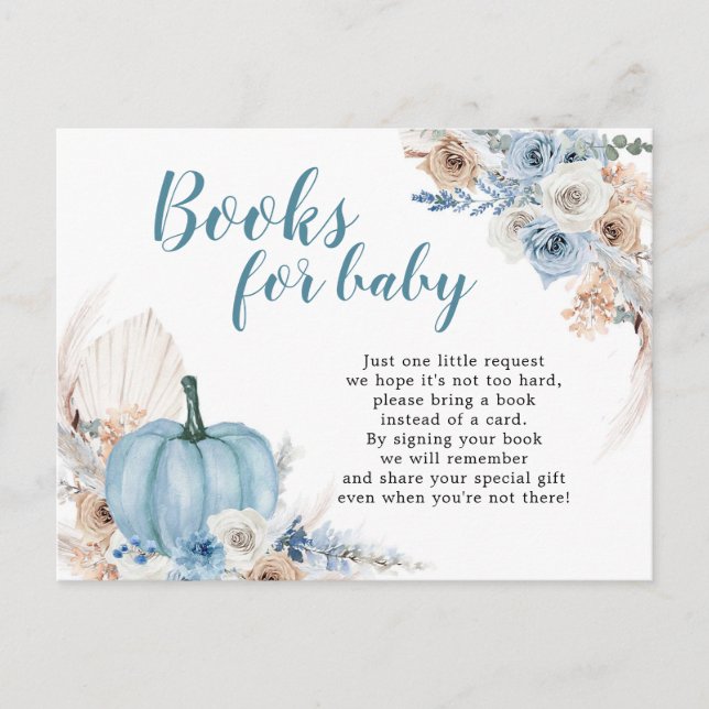 Boho Rustic Blue Pumpkin Fall Books For Baby Invitation Postcard (Front)