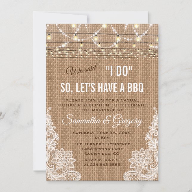 Boho Rustic Burlap Lace String Lights I DO BBQ Invitation (Front)