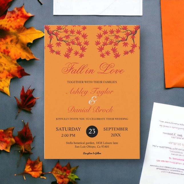 Boho Rustic Burnt Orange Red Leaves Fall Wedding Invitation (Creator Uploaded)