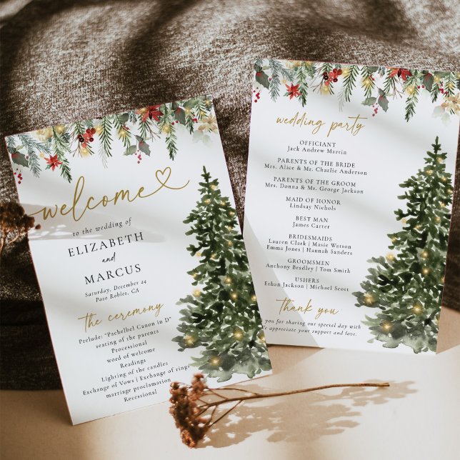 Boho Rustic Christmas Pine Tree Lights Wedding Program (Creator Uploaded)