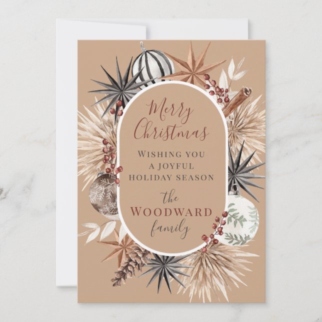 Boho Rustic Christmas Watercolor  Holiday Card (Front)