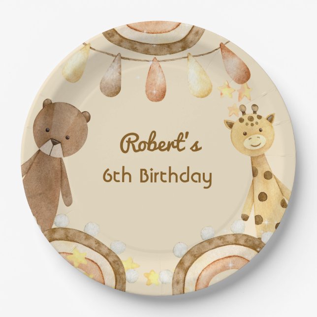 Boho rustic cute Bear and Giraffe kids Birthday Paper Plate (Front)