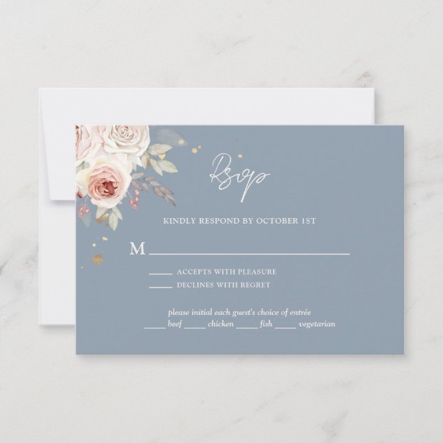 Boho Rustic Dusty Blue Wedding RSVP Card (Front)