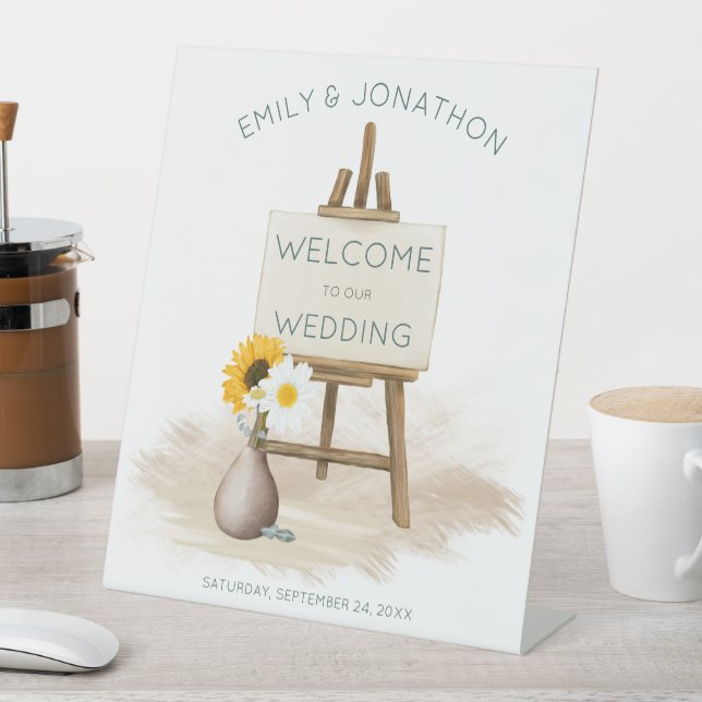 Boho Rustic Easel Wildflowers Welcome to Wedding Pedestal Sign (In SItu)