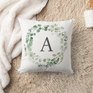 Boho Rustic Eucalyptus Wreath Monogram Cushion