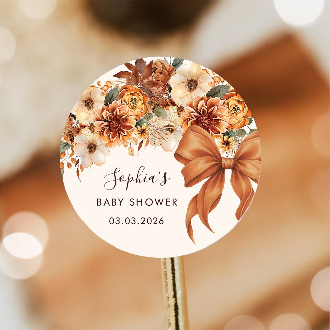 Boho Rustic Fall Floral Baby Shower  Classic Round Sticker (Creator Uploaded)