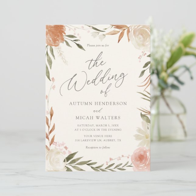 Boho Rustic Fall Floral Greenery Wedding Invitation (Standing Front)