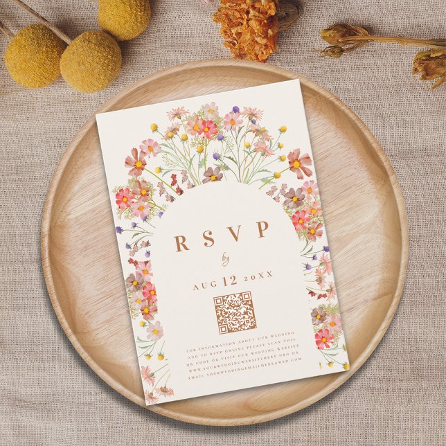 Boho Rustic Fall Floral Meal Options RSVP Card (Boho fall wildflower elegant floral arch wedding RSVP website QR code card terracotta burnt orange)