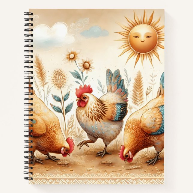 Boho Rustic Farm Illustrated Chickens Notebook (Front)