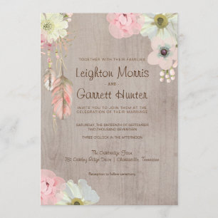 Boho Rustic Feather and Floral Wedding Invitation
