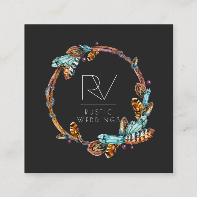 Boho Rustic Feather Wreath Monogram Square Business Card (Front)