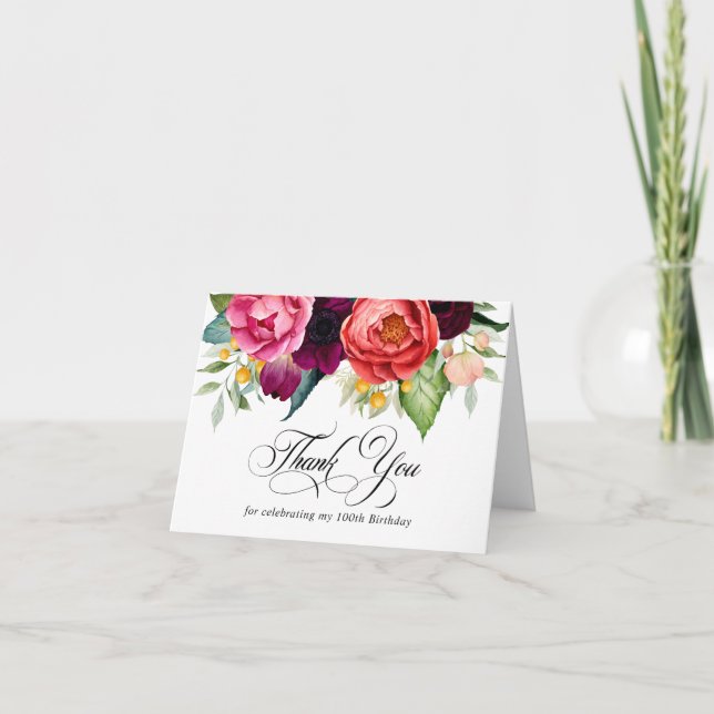Boho Rustic Floral 100th Birthday Thank You Card (Front)