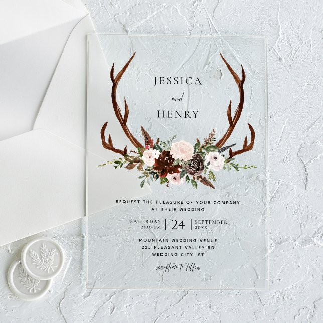Boho Rustic Floral Antlers Wedding Acrylic Invitations (Creator Uploaded)