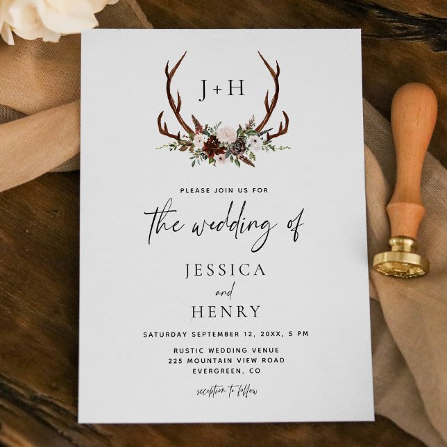Boho Rustic Floral Antlers Wedding Invitation (Creator Uploaded)