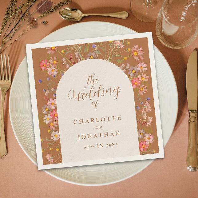 Boho Rustic Floral Arch Fall Wedding Napkin (Terracotta beige boho chic floral arch fall wedding custom napkins elegant modern script wildflower )