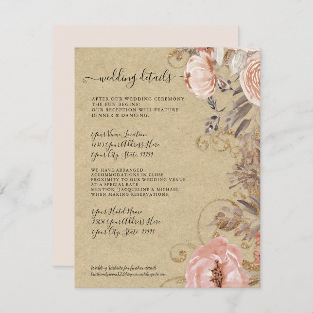 Boho Rustic Floral Blush Rose Gold Wedding Details Invitation (Front/Back)
