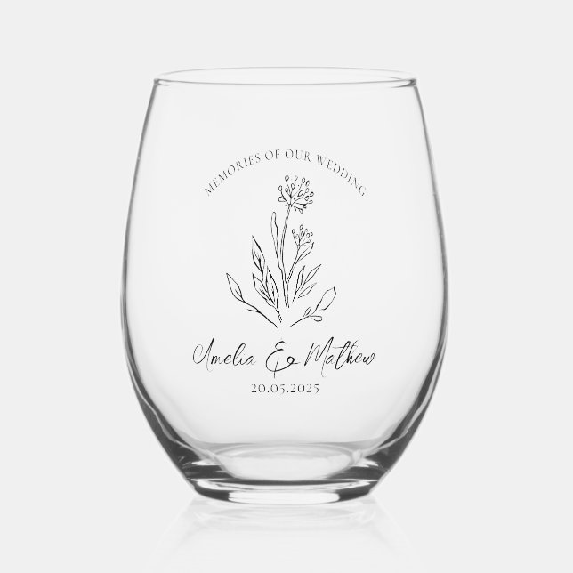 Boho Rustic Floral Eucalyptus Wedding Memories Stemless Wine Glass (Front)