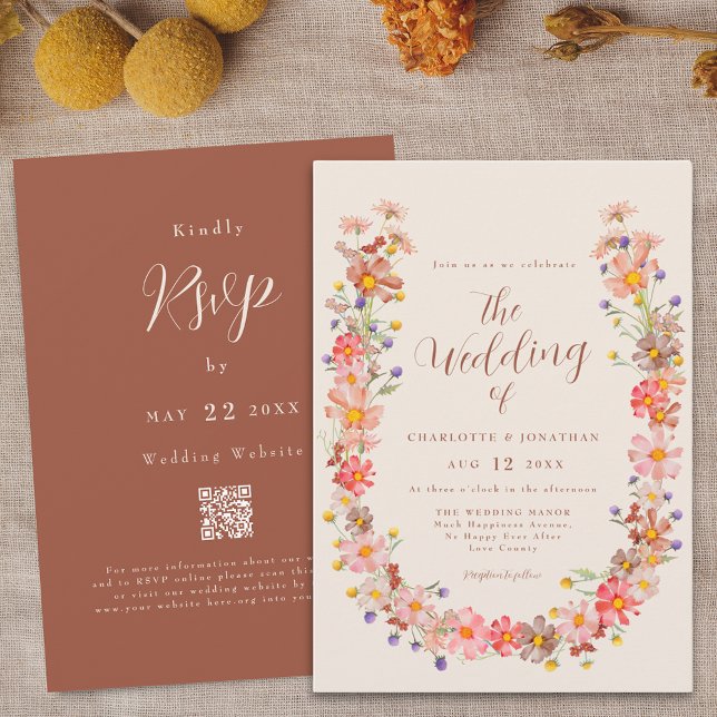 Boho Rustic Floral Fall Wedding Invitation (Boho fall rustic floral burnt orange beige qr code wedding invitation watercolor wildflower wreath)