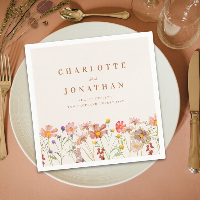 Boho Rustic Floral Fall Wedding Napkin (Boho rustic floral custom fall Wedding napkins watercolor wildflowers brown terracotta burnt orange )