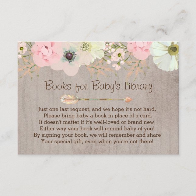 Boho Rustic Floral Feather Baby's Library Insert (Front)