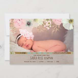 Boho Rustic Floral Feather Birth Announcement