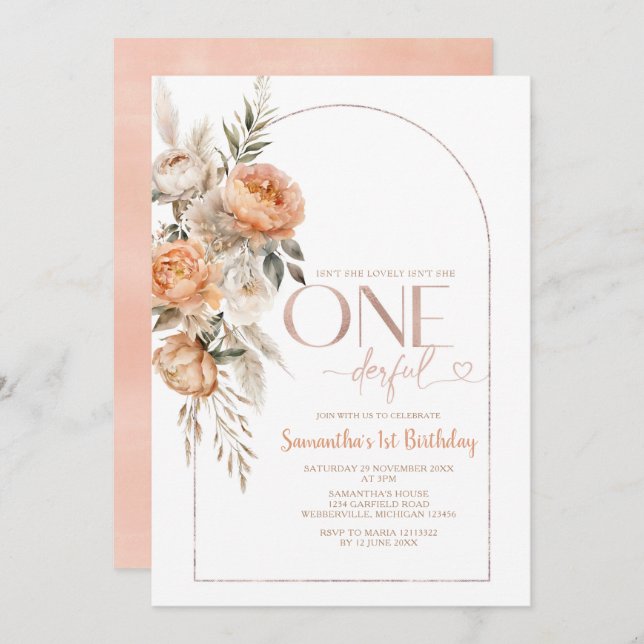Boho Rustic Floral Isn't She Onederful Birthday Invitation (Front/Back)