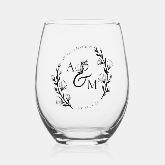 Boho Rustic Floral Monogrammed Initials Wedding Stemless Wine Glass (Front)