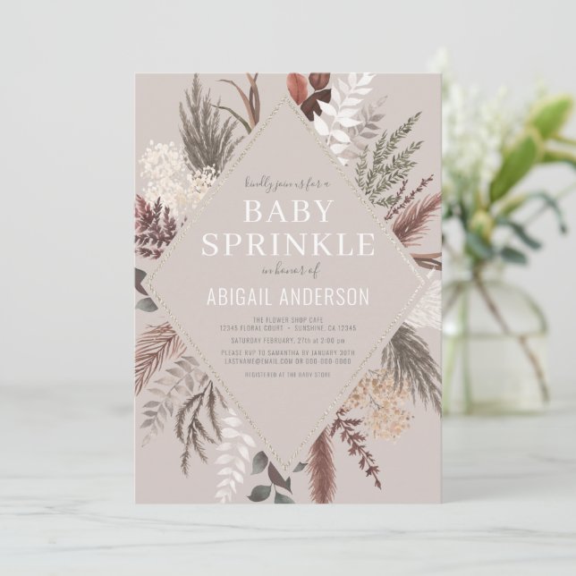 Boho Rustic Floral Pampas Grass Baby Sprinkle Invi Invitation (Standing Front)