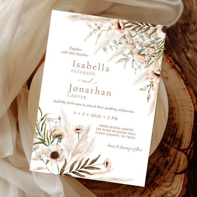 Boho Rustic Floral Pampas Grass Wedding Invitation (Creator Uploaded)