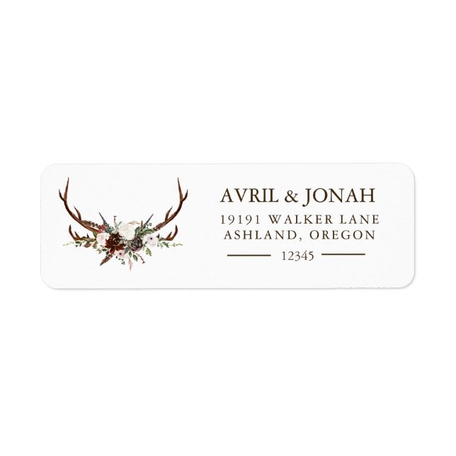 Boho Rustic Floral Rose Antlers Return Address Label (Front)