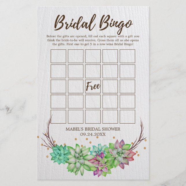 Boho Rustic Floral Succulent Bridal Bingo Game (Front)