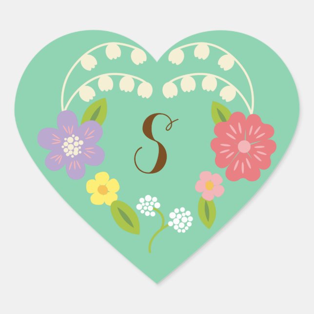 Boho Rustic Floral Wreath Wedding (Mint) Heart Sticker (Front)