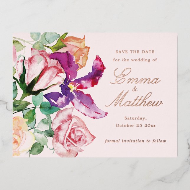 Boho Rustic Garden Wedding Save the Date Foil Holiday Postcard (Front)