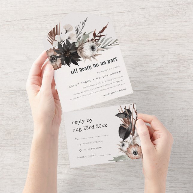 Boho Rustic Gothic Rust Black Botanical Wedding All In One Invitation (Tearaway)