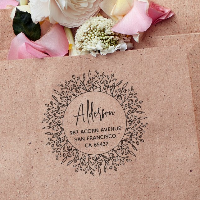 Boho Rustic Laurel Foliage Circular Return Address Rubber Stamp (Stamp Mockup)