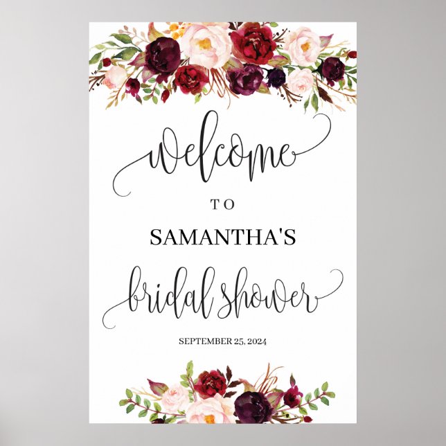 Boho rustic marsala floral bridal shower welcome poster (Front)