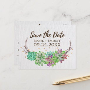 Boho Rustic Mint Floral Succulent Save the Date Announcement Postcard