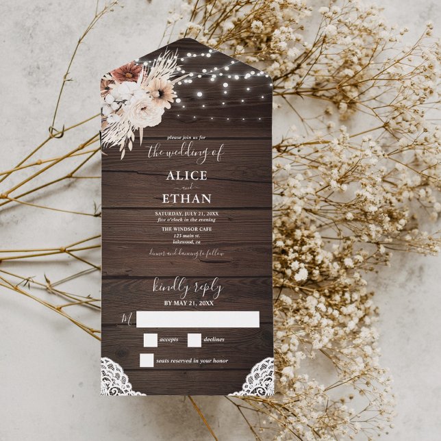 Boho Rustic Neutral Flowers String Lights All In O One Invitation (Creator Uploaded)