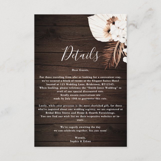 Boho Rustic Neutral Flowers Wedding Details Enclos Enclosure Card (Front)